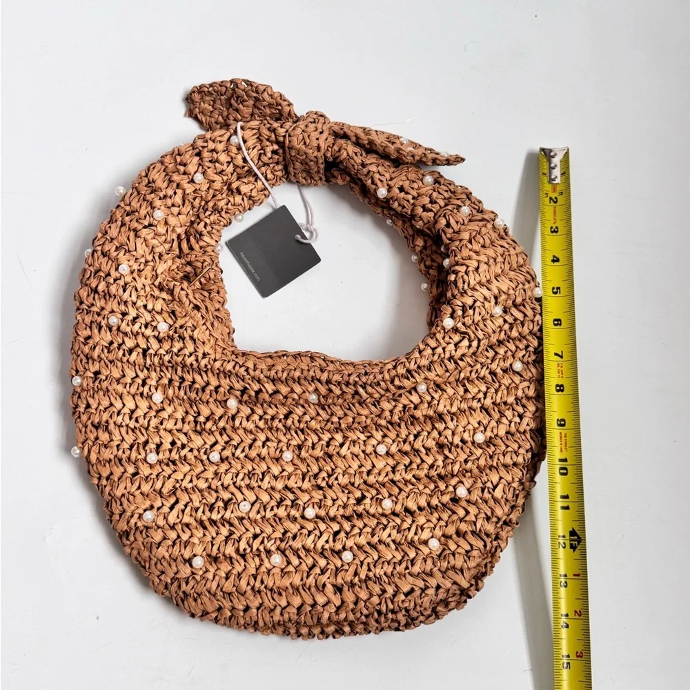 NWT Haute Hippie Straw Pearl-Embellished Woven Shoulder Hobo Bag in Natural Tan